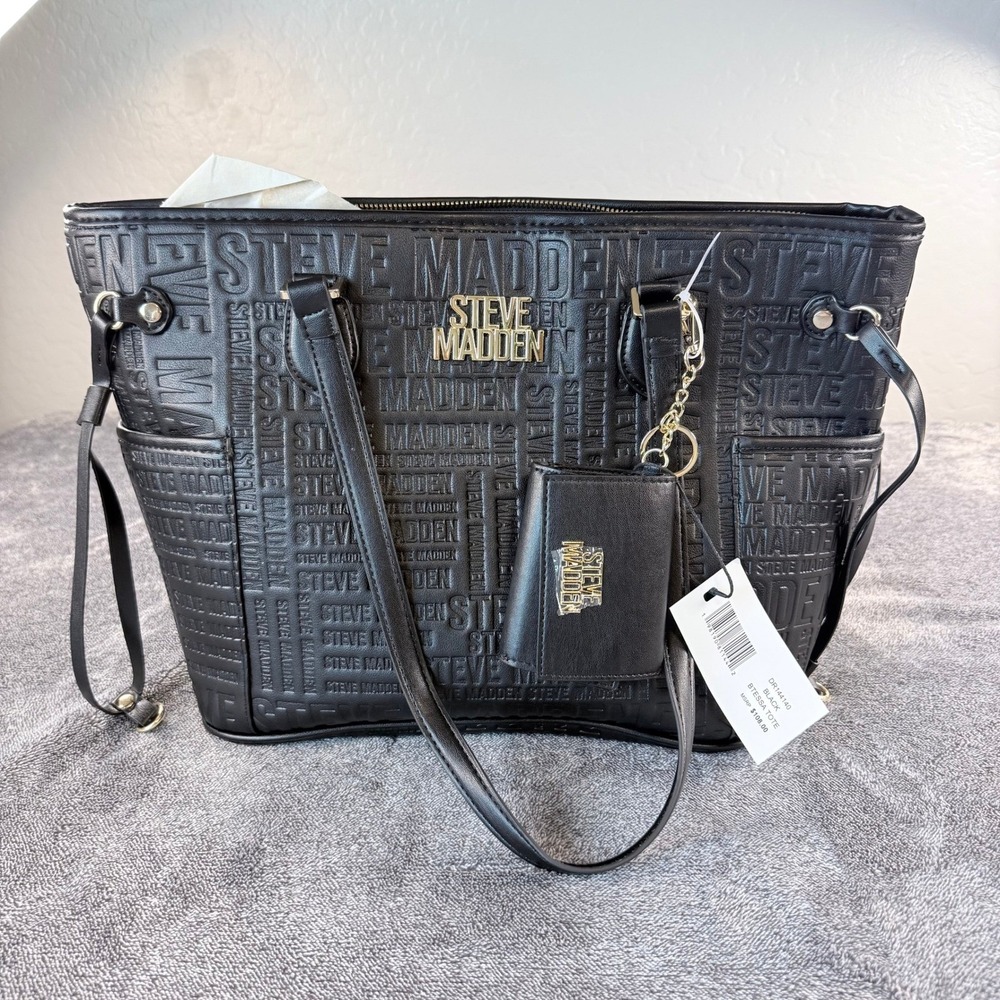Steve Madden Bessa Tote Black Embossed Logo Shoulder Bag Coin Purse NWT